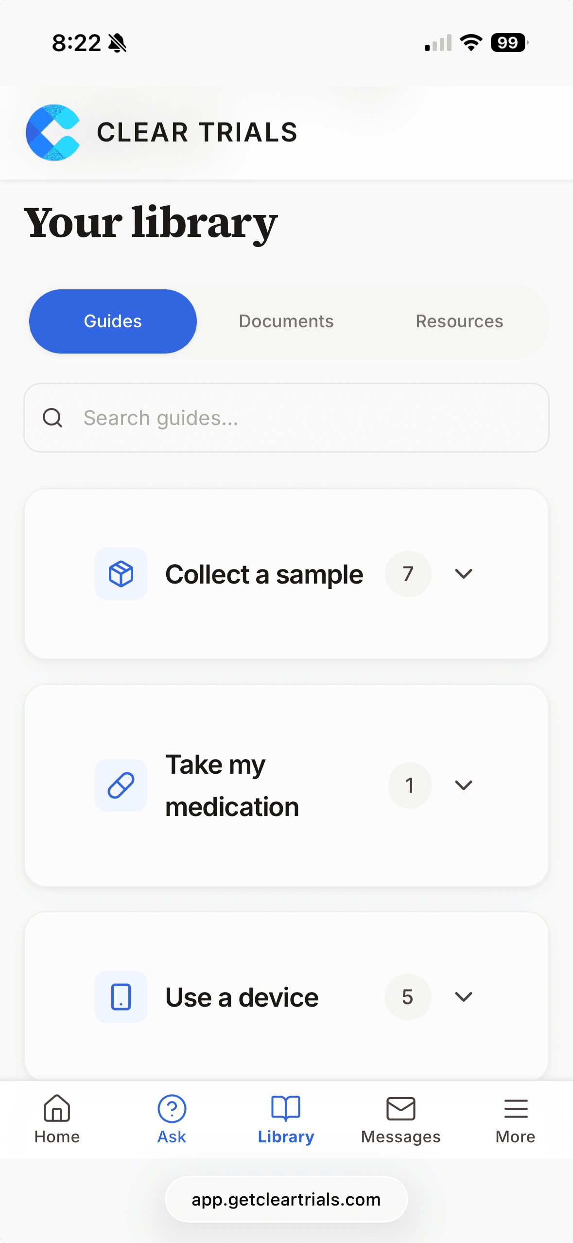Clear Trials study guides view