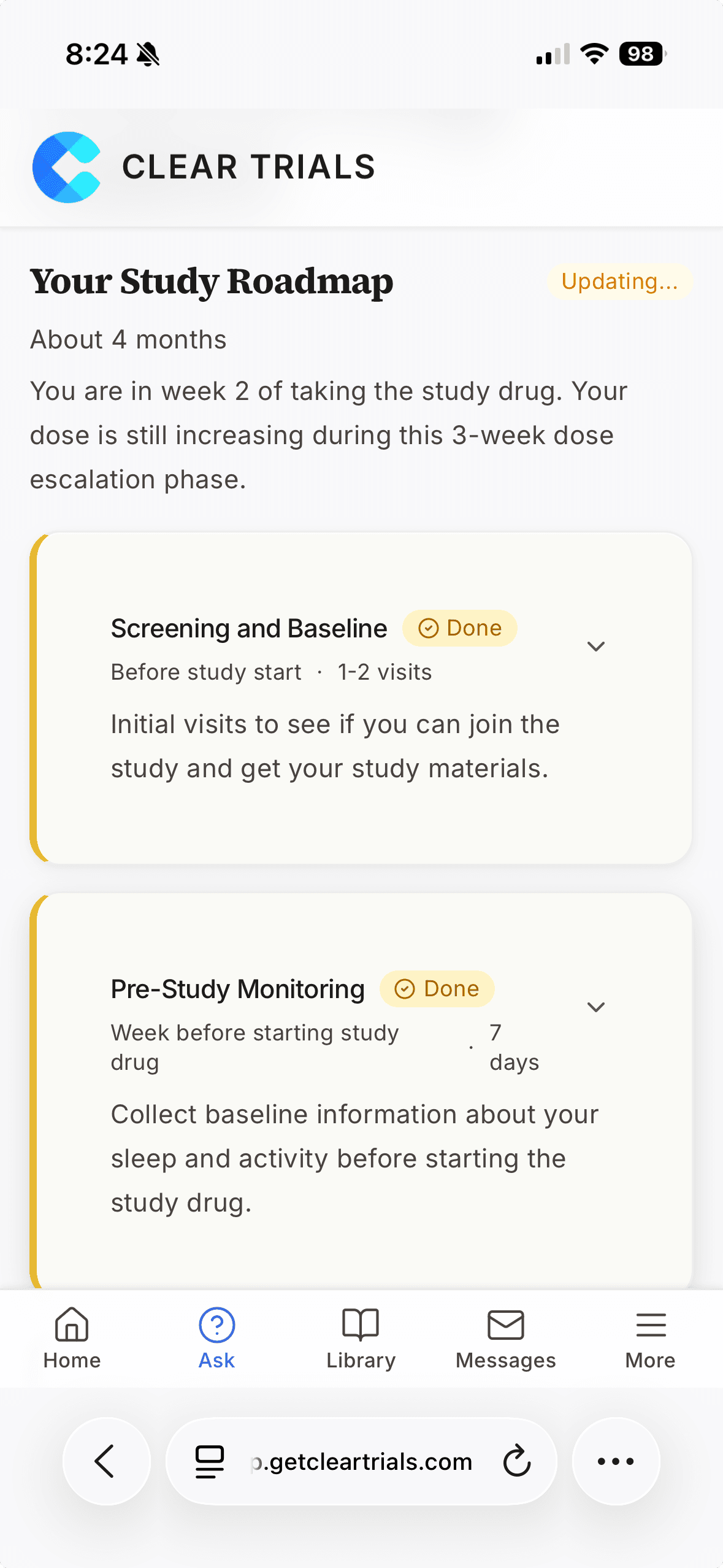 Participant timeline showing study progress and upcoming visits