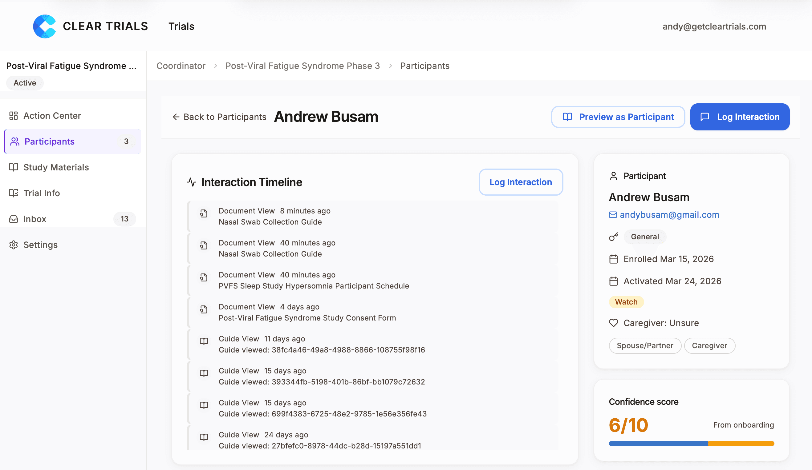 Coordinator dashboard showing participant engagement timeline and comprehension metrics