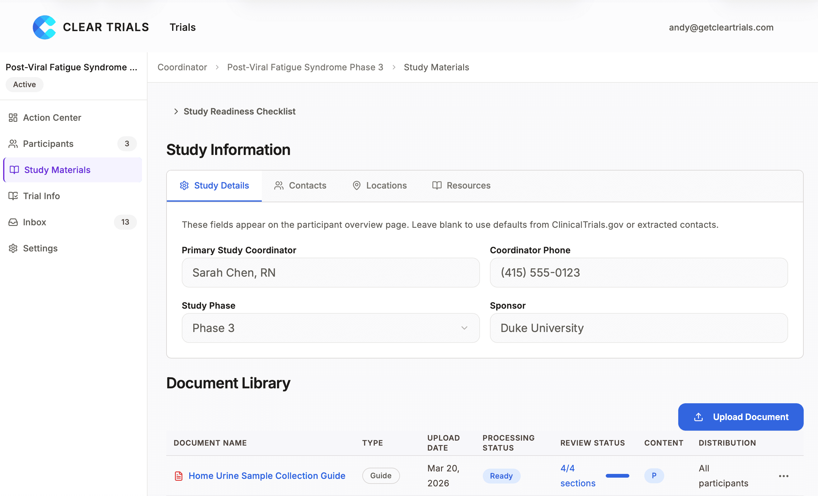 Coordinator study materials dashboard showing document management and distribution