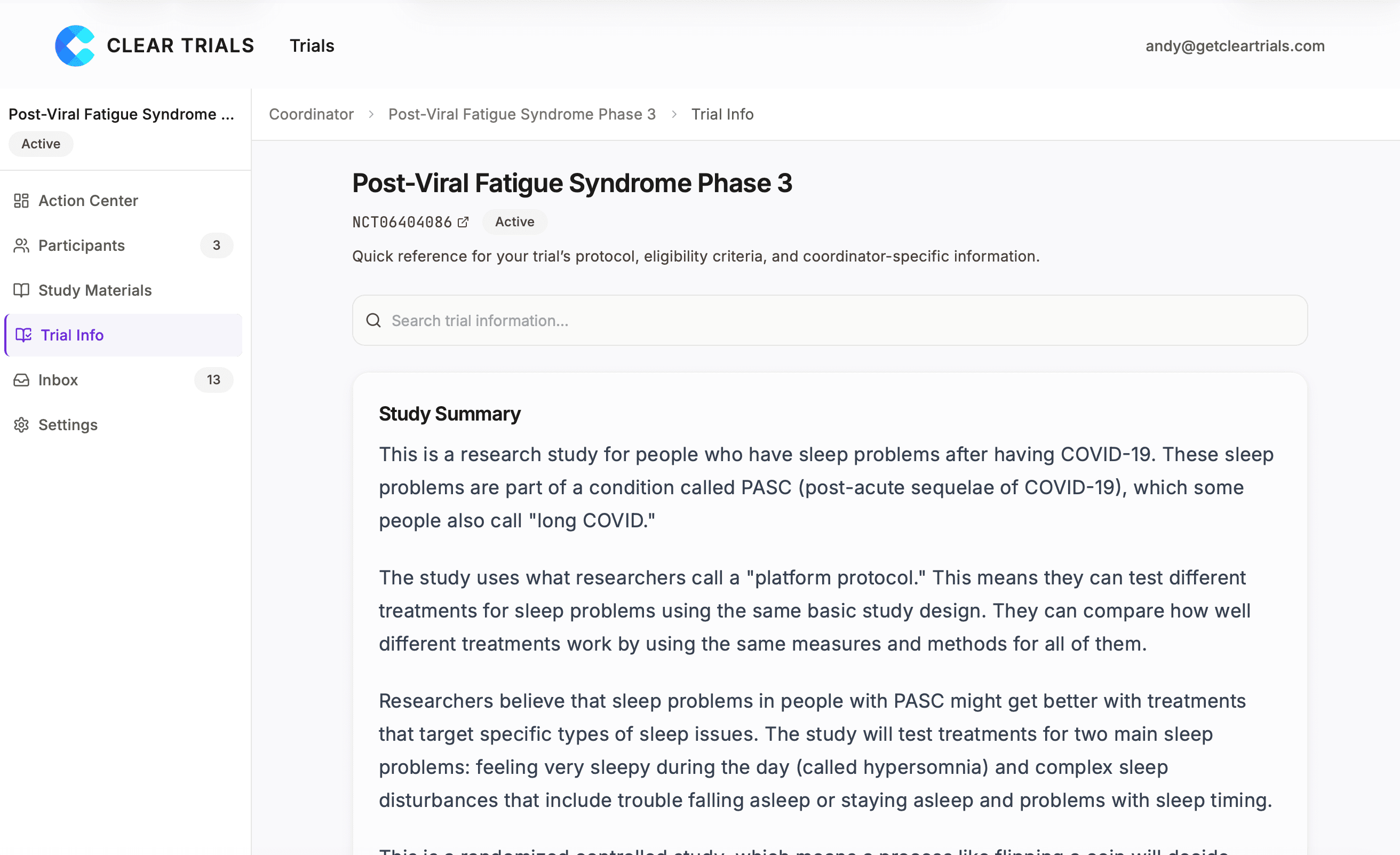 Coordinator trial info view showing study summary and protocol details