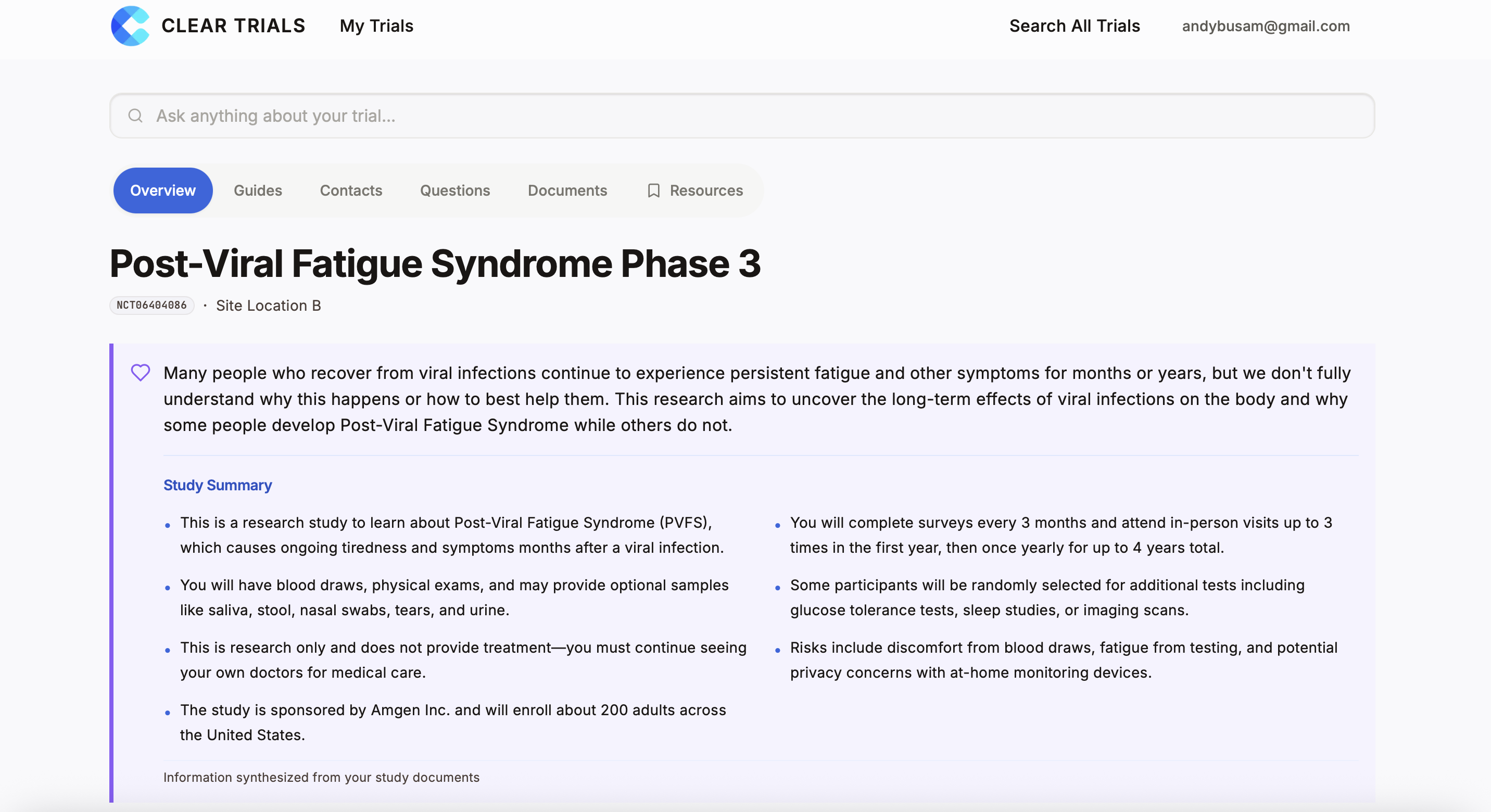 Participant dashboard showing trial overview and information